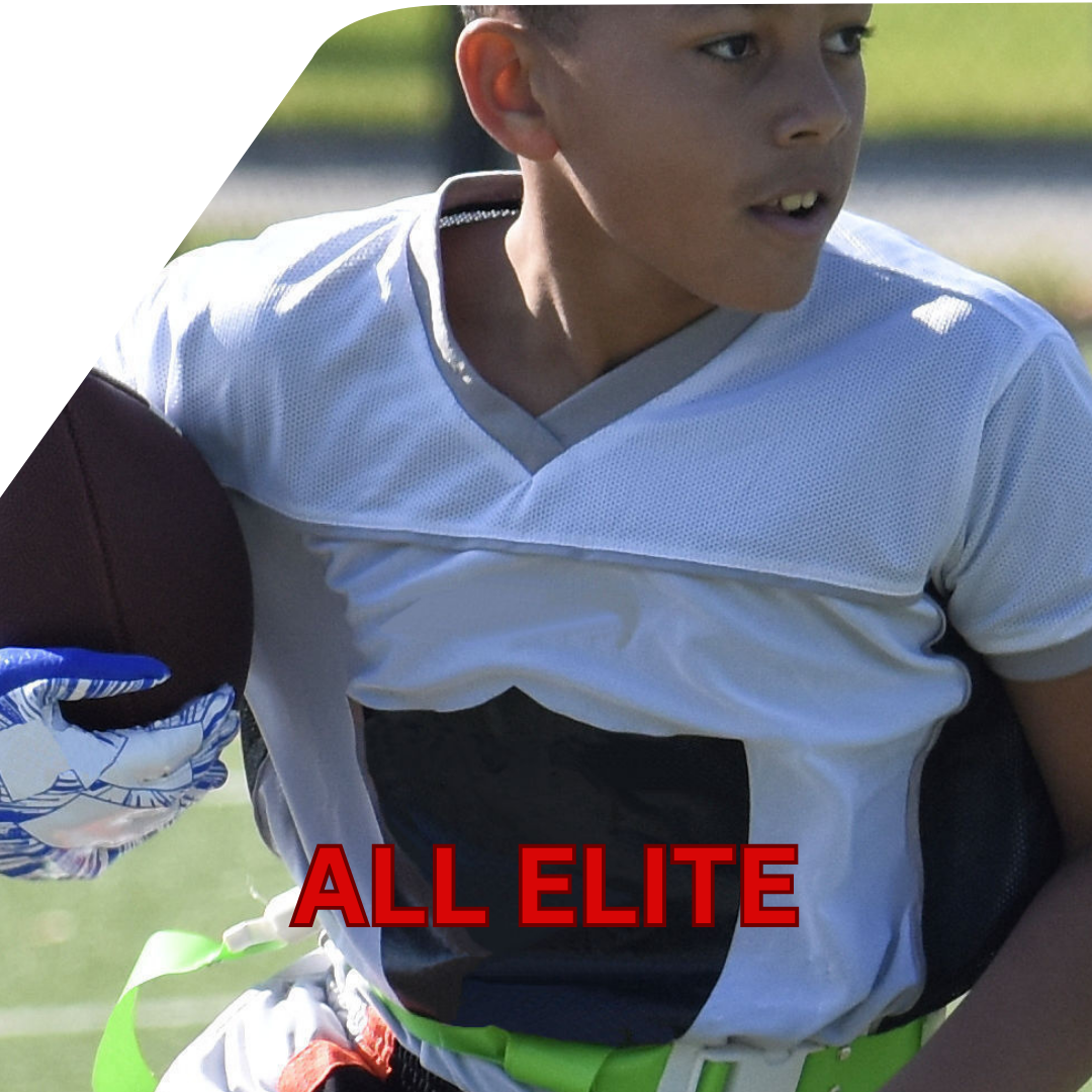 Close-up of a boy in a football jersey with a football, with the text 'ALL ELITE' in red.