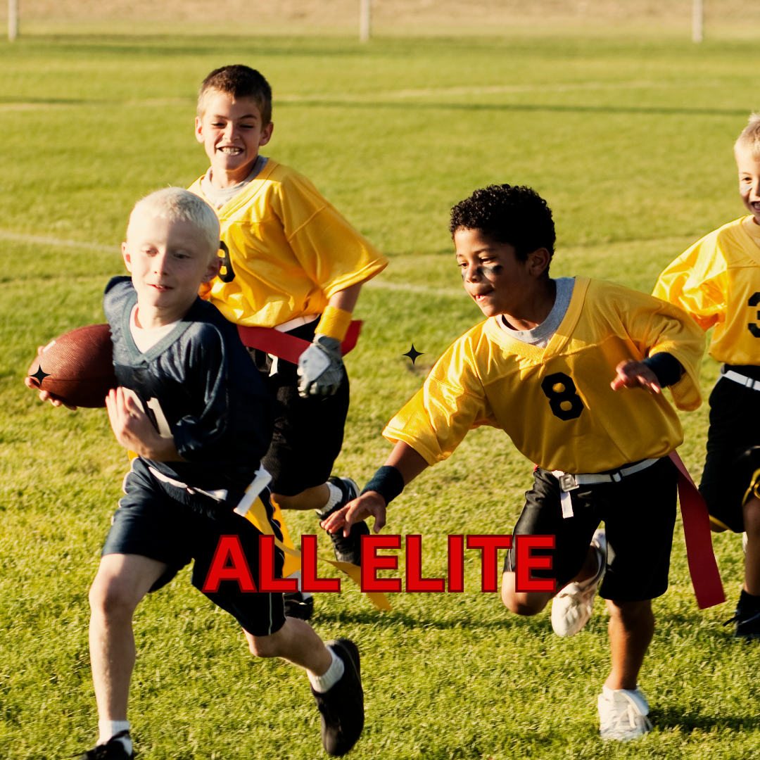 Children playing flag football on a grassy field, wearing numbered jerseys, with one boy in black holding a football while others chase after him.