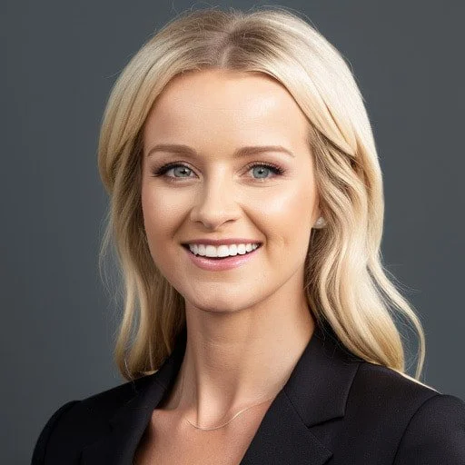 Professional woman with blonde hair smiling against a gray background.