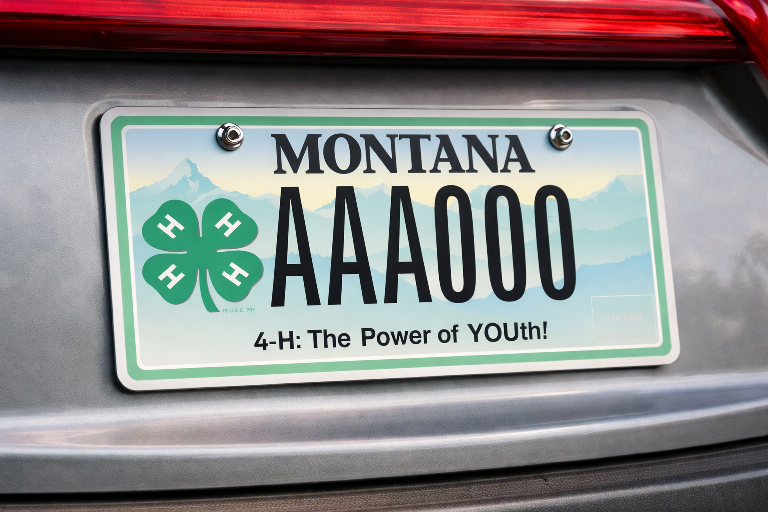 Montana license plate with 4-H clover logo and the slogan "4-H: The Power of YOUTH!" attached to a silver vehicle.