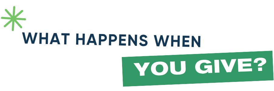 Text in colorful blocks reads: "What happens when you give?" with a green starburst in the top left corner.