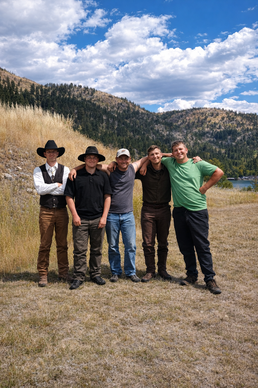 Five men standing outdoors on a grassy area with mountains and trees in the background under a partly cloudy sky.