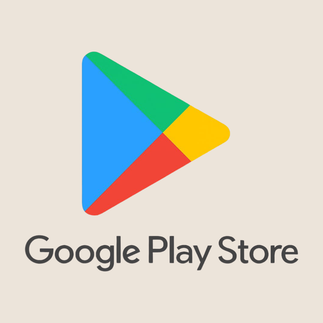 Google Play Store logo with multicolored triangular design and text underneath.