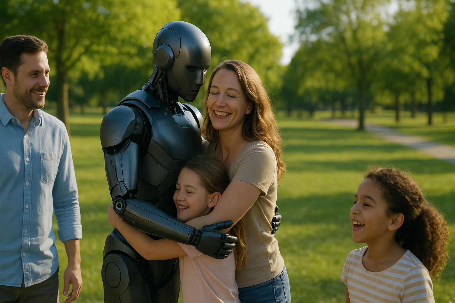 A family hugging a humanoid robot that is like Unitree, Ubtech, Agibot, caring humanoid