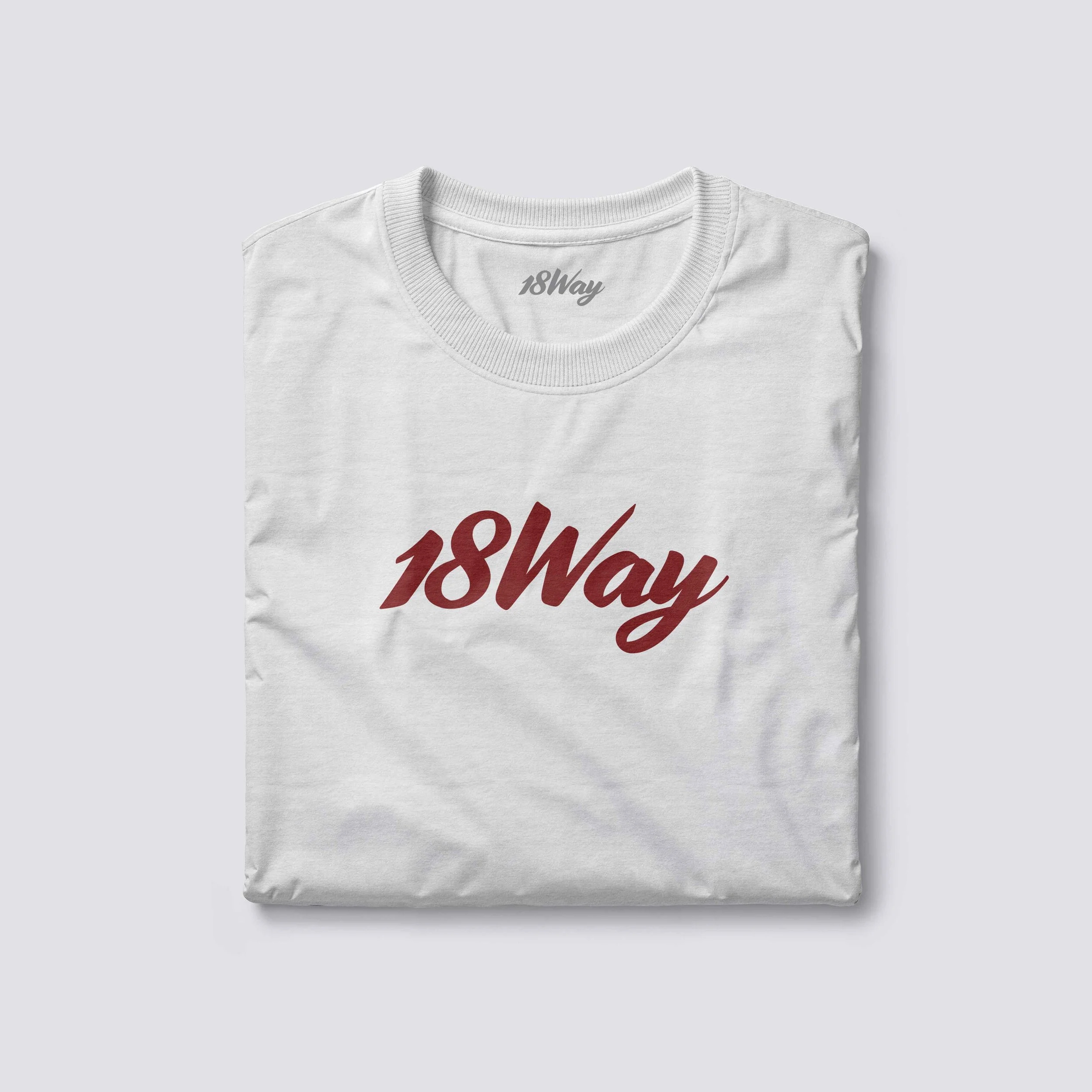 A white T-shirt with the logo '18Way' in red script font printed on the front.