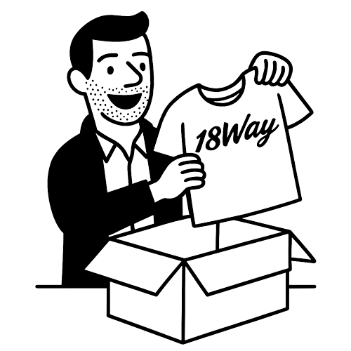 A man smiling while holding a t-shirt with the text '18Way', opening a box.