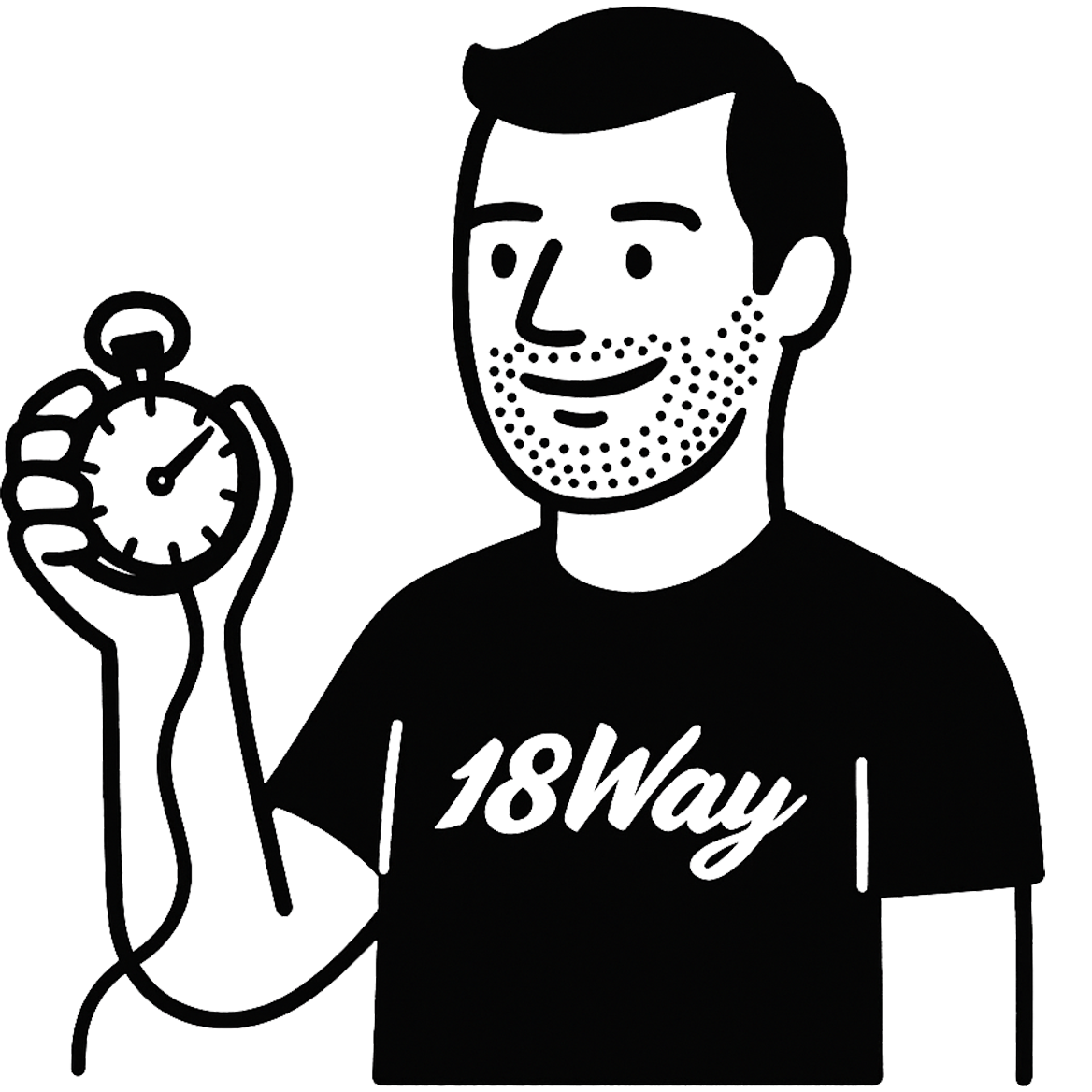 Drawing of a young man with a beard, holding a stopwatch in his right hand, wearing a t-shirt that says '18Wavy'.