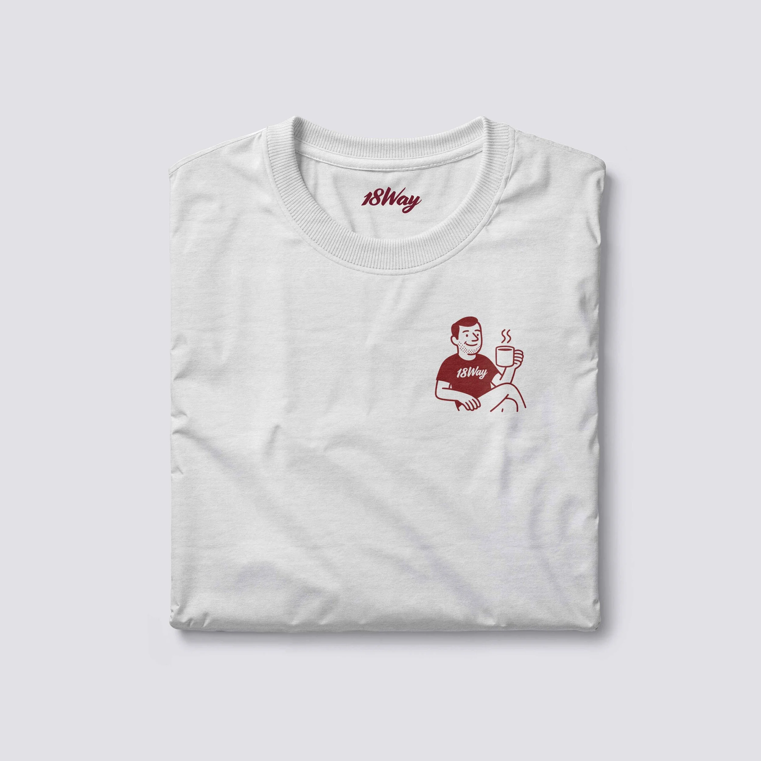 White 18Way T-shirt with a small illustration of a man wearing a '18Way' shirt, smiling and holding a steaming mug