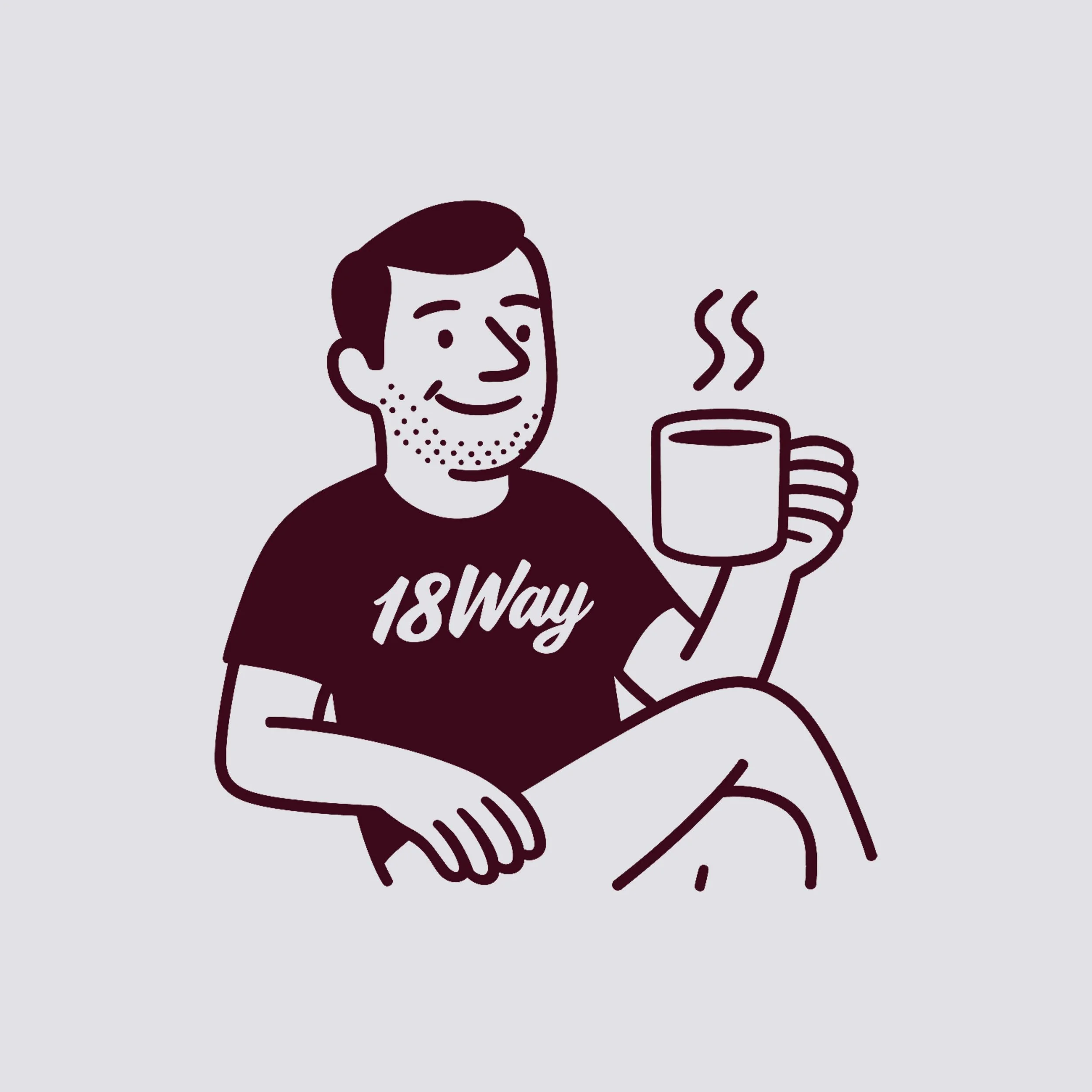 Illustration of a smiling Porsche enthusiast with a beard, wearing a T-shirt that says '18Way', sitting comfortably and holding a steaming cup of coffee or tea.