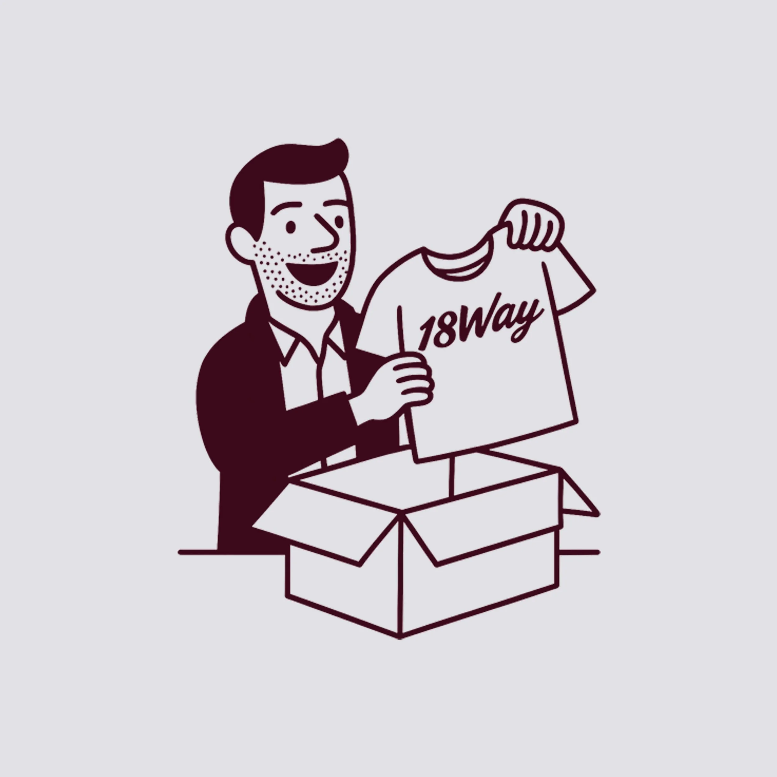 A Porsche enthusiast with a beard, smiling, holding a t-shirt with "18Way" written on it, opening a box.
