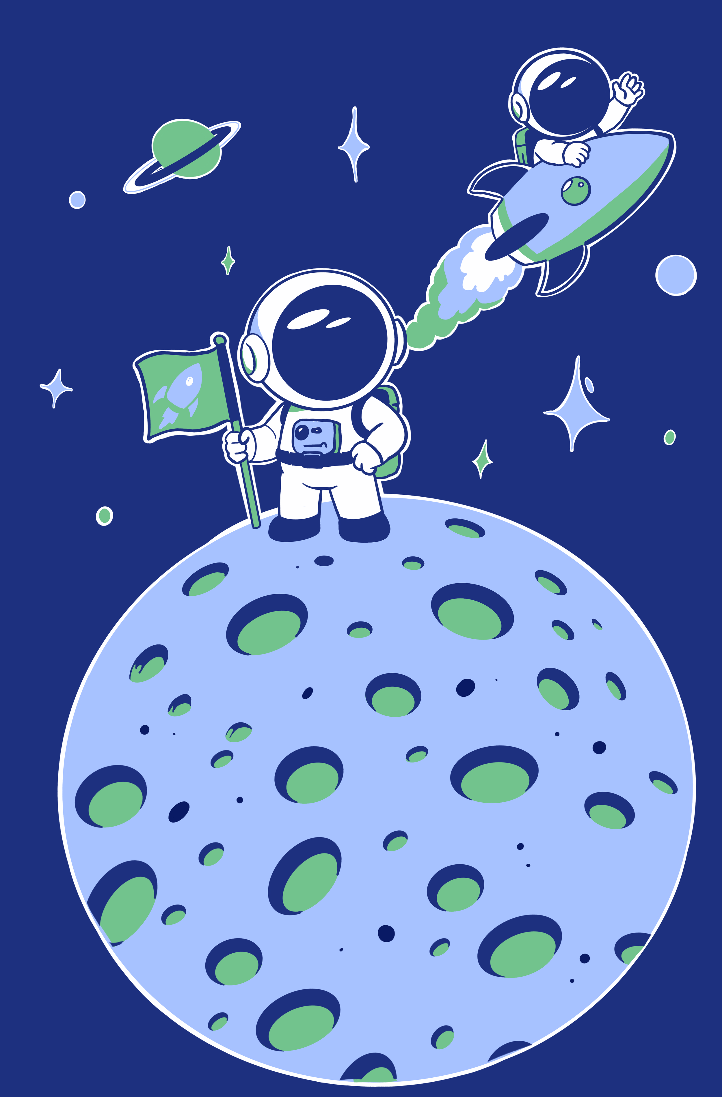 Two cartoon astronauts exploring the moon, one on the moon's surface holding a flag, and the other riding a rocket in space with planets and stars in the background.