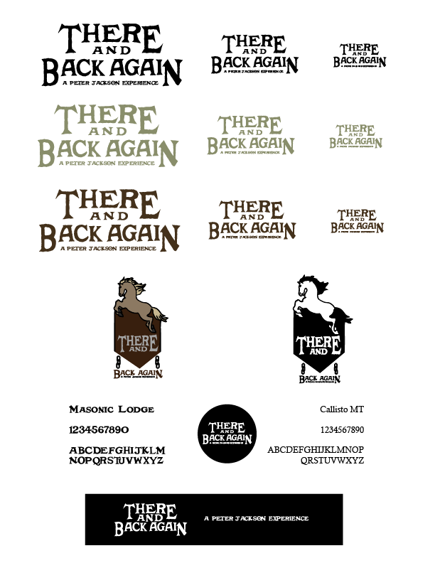 Various logo designs and branding options for "There and Back Again" with the subtitle "A Peter Jackson Experience", including different fonts, colors, and graphics of aemblem, along with contact information for Masonic Lodge and Callisto MT, and a b