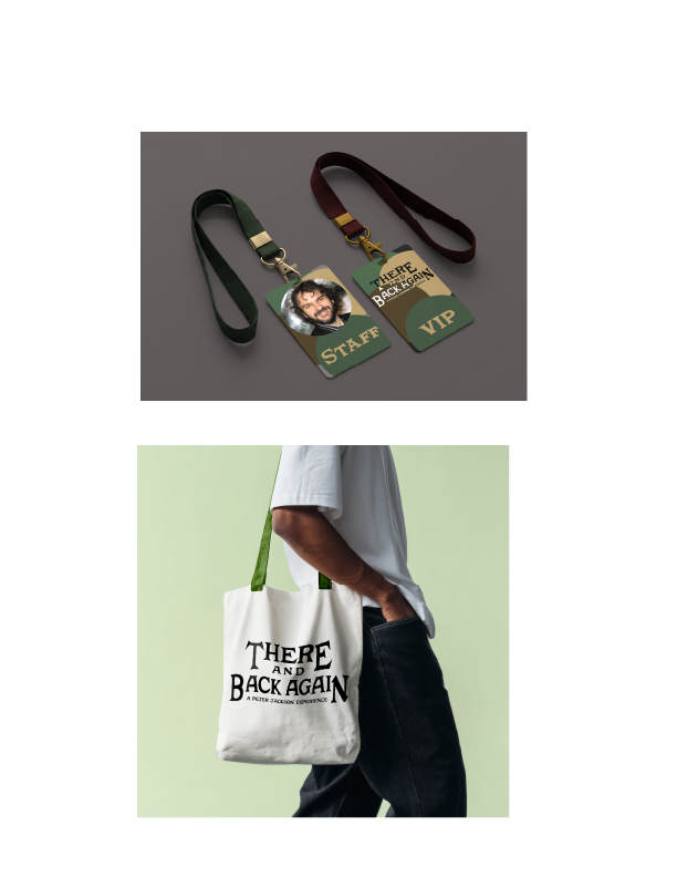 Two backstage passes with lanyards, one marked 'STAFF' with a photo, and the other 'VIP' with the phrase 'THERE BACK AGAIN'; individual holding a white tote bag with the word 'THERE AND BACK AGAIN' printed on it.