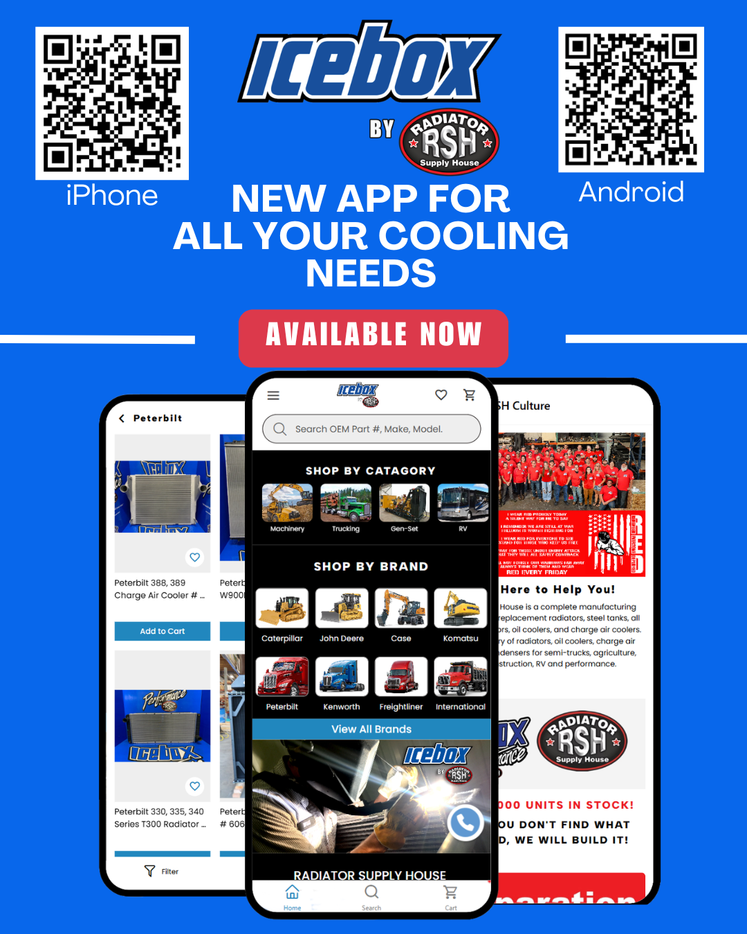 Advertisement for the Icebox app by Radiator RSH, featuring app screenshots, QR codes for iPhone and Android, and text promoting a new app for cooling needs.