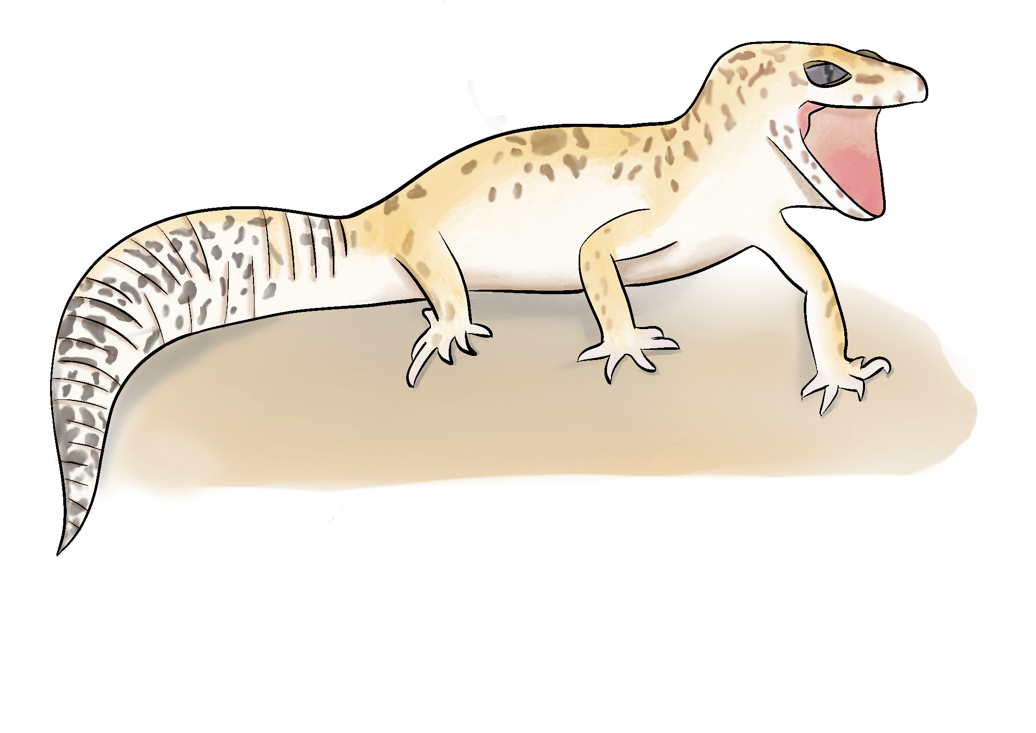 A cartoon illustration of a leopard gecko with an open mouth sitting on a brown rock.
