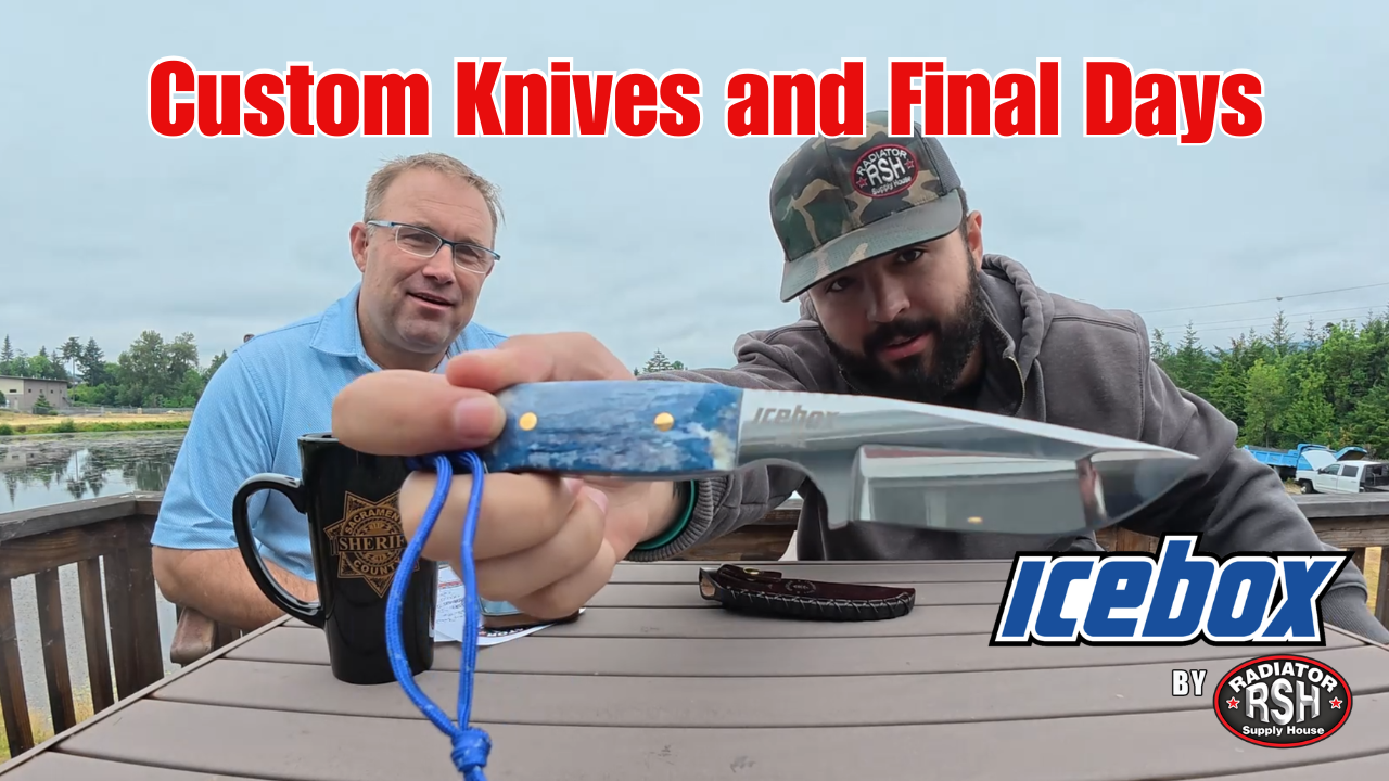 Two men, one in a blue shirt and glasses, the other in a cap and hoodie, demonstrate a custom knife on an outdoor table with a lake in the background. The text on the image says "Custom Knives and Final Days," and there is a logo for "Icebox by Radia