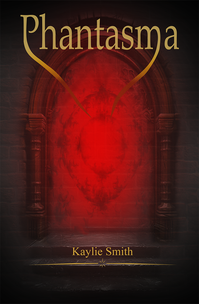 Book cover for 'Phantasma' by Kaylie Smith, featuring a dark, arched doorway with a glowing red, fiery, ghostly face in the background.