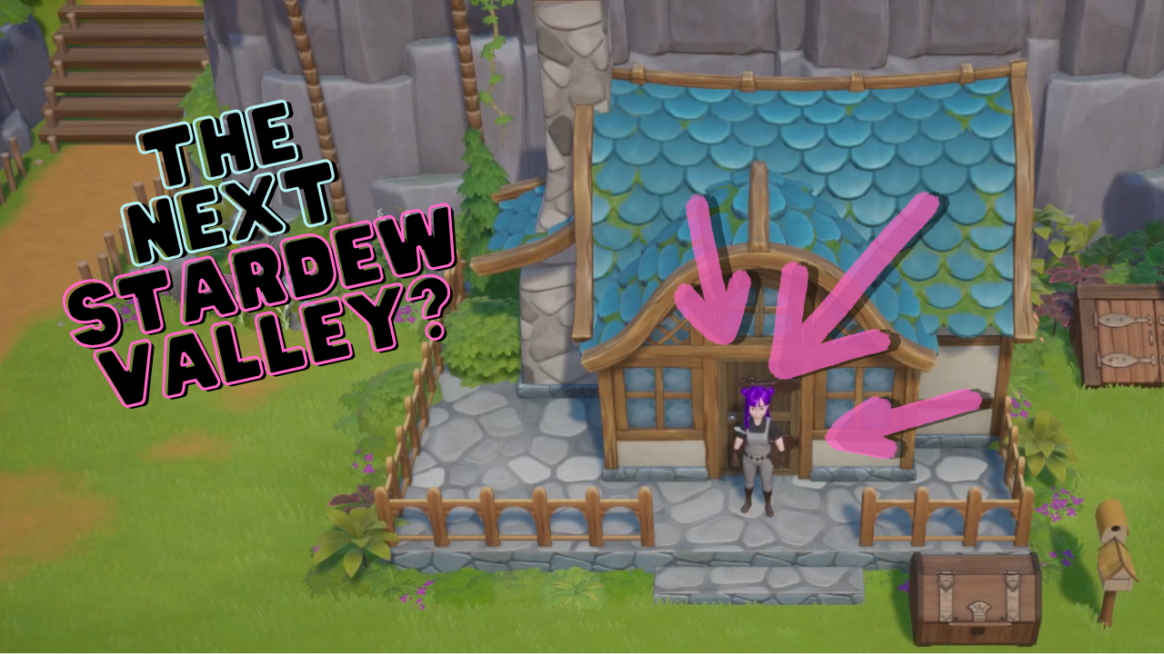 A colorful animated game scene showing a house with a stone pathway, surrounded by a grassy yard with bushes, and a character with purple hair standing in front. Pink arrows point to the house, and stylized text asks, "The next Stardew Valley?"