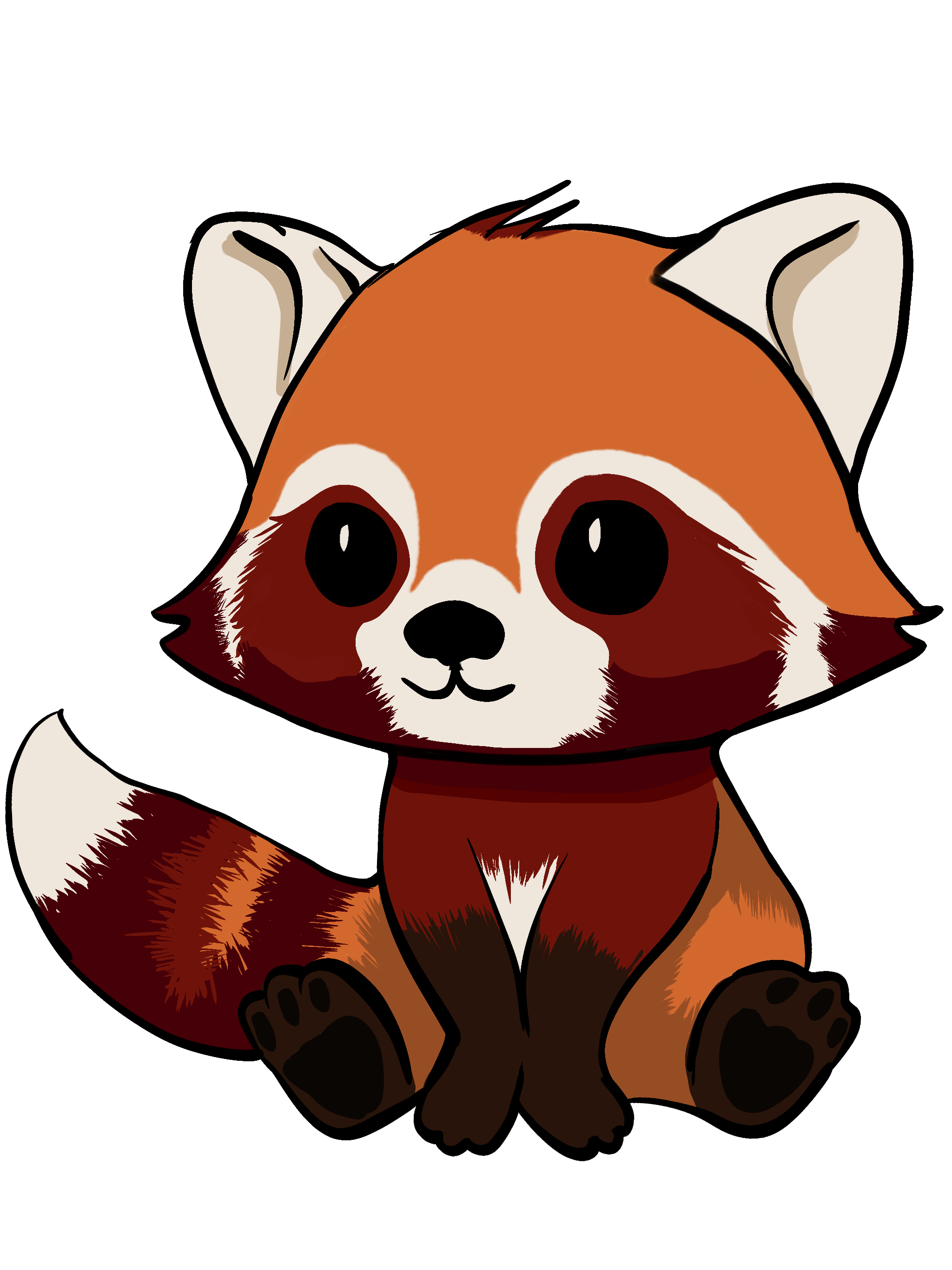 Cartoon illustration of a cute red panda with large black eyes, sitting and smiling, with a white face and dark brown paws.