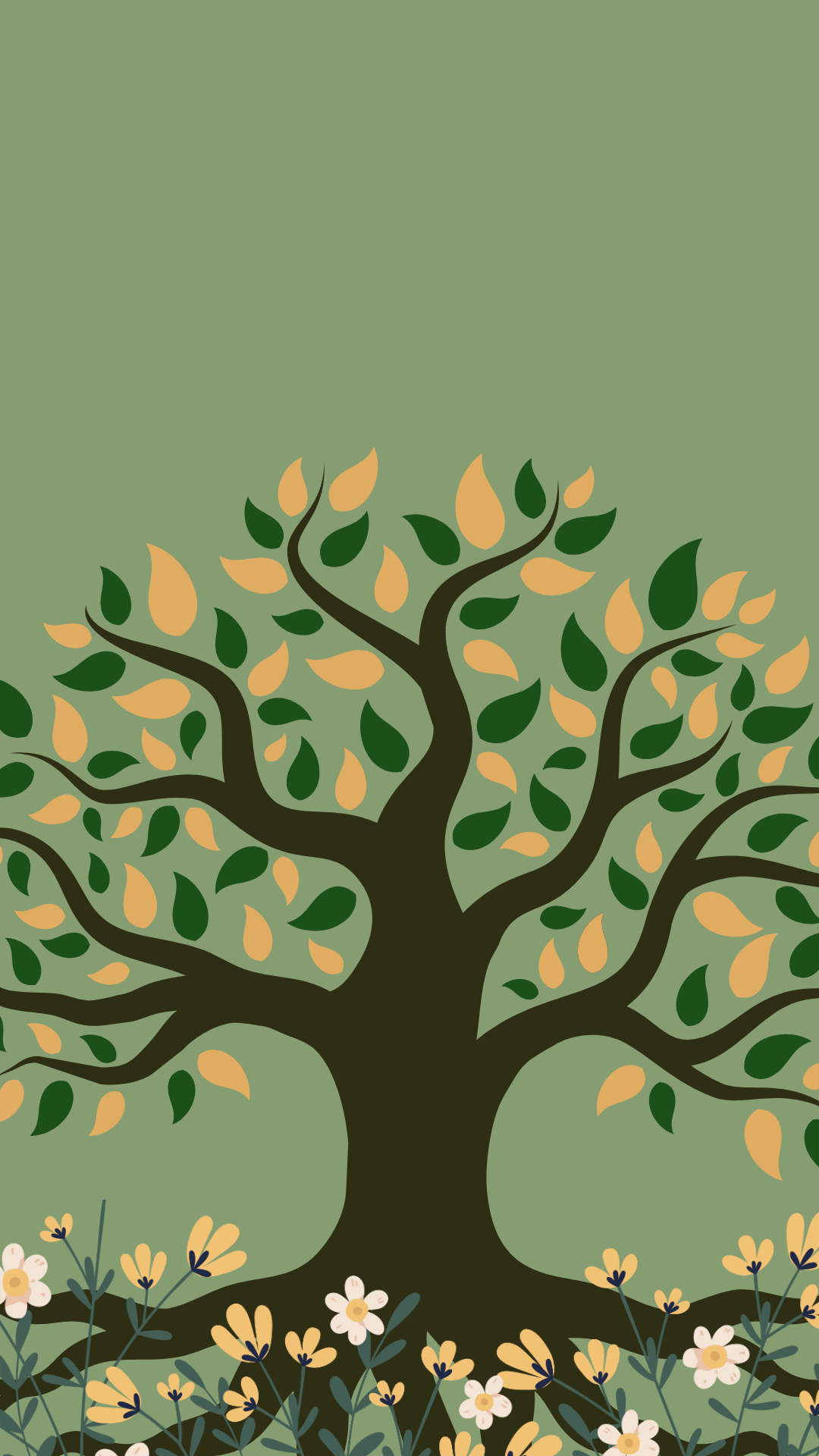 Stylized illustration of a large tree with green leaves and beige leaves, surrounded by flowers at its base.