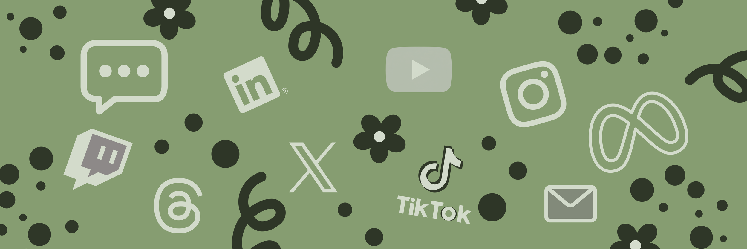 Digital pattern with social media icons including TikTok, Instagram, LinkedIn, YouTube, Twitch, email, chat, and others on a green background.