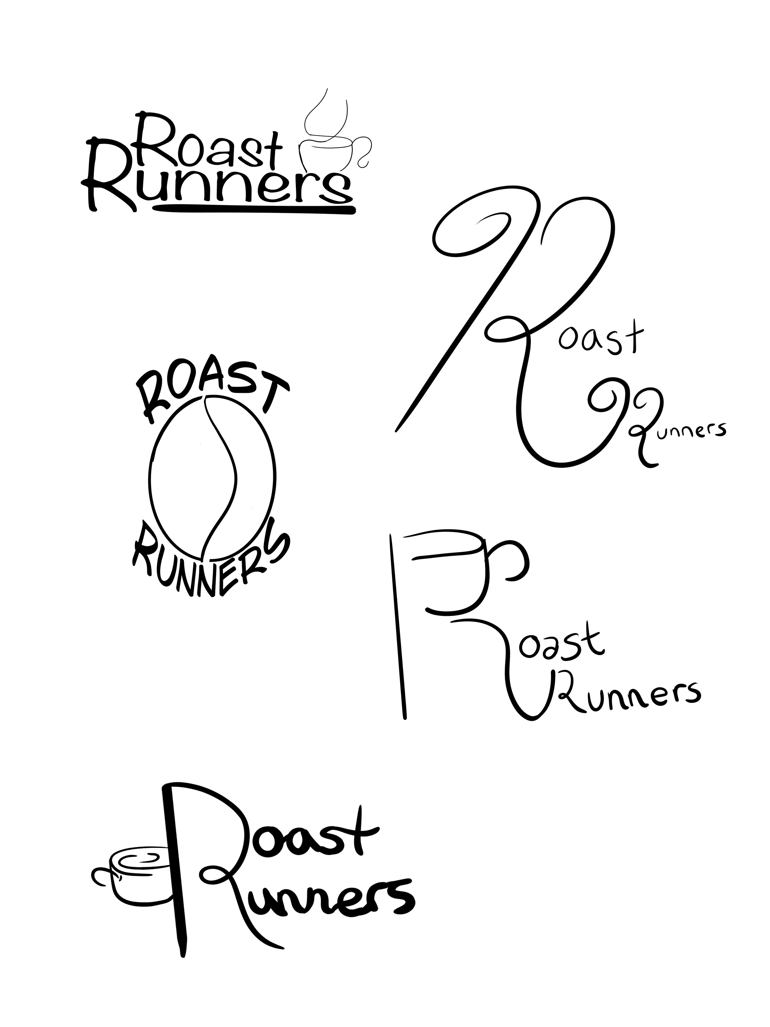 Collection of black and white logos and text designs for 'Roast Runners,' featuring a coffee cup and bean illustrations.