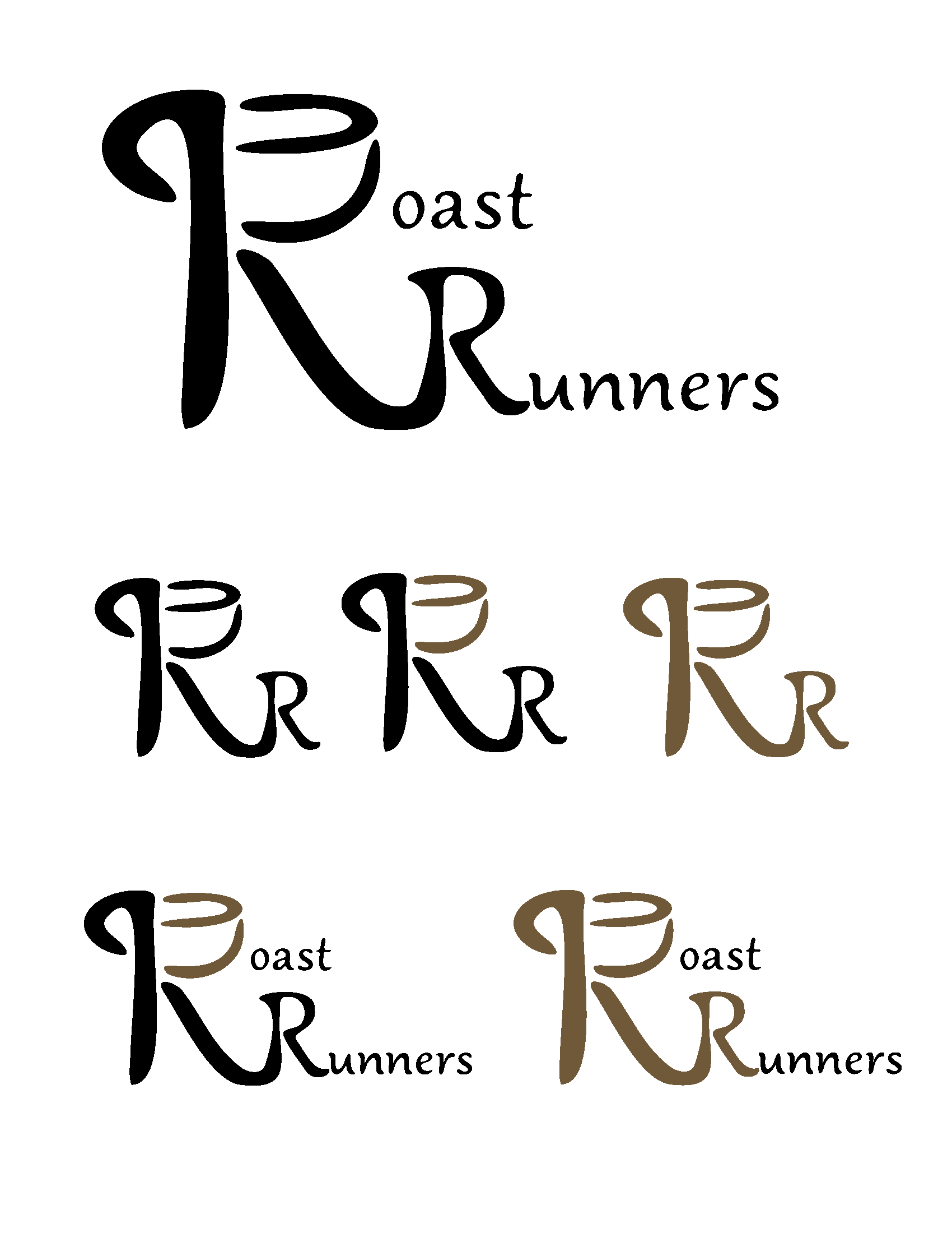 A logo with a black stylized coffee cup, with the words 'Roast Runners' in black and brown text.