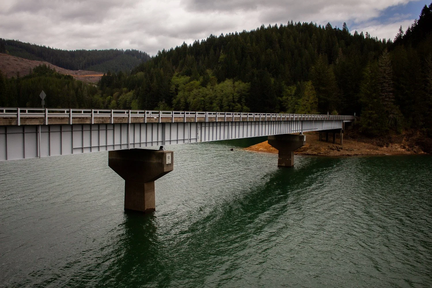 A metal bridge crosses over a body of water, with forested hills in the background and a cloudy sky overhead.