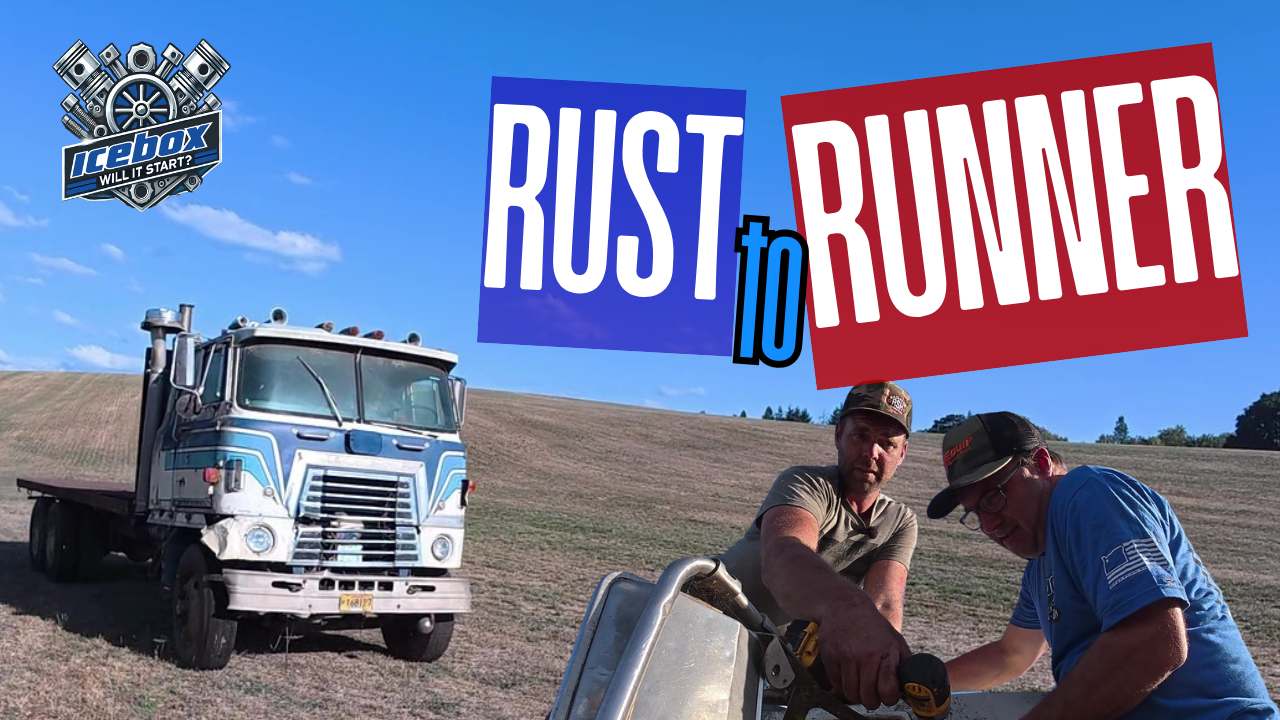 Two men working on a project outdoors with a blue sky, a rolling field, and an old blue and white truck in the background. Text overlay says 'Rust to Runnner' and there is a logo for Icebox.