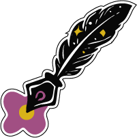 Cartoon illustration of a feather pen with a flower at the bottom