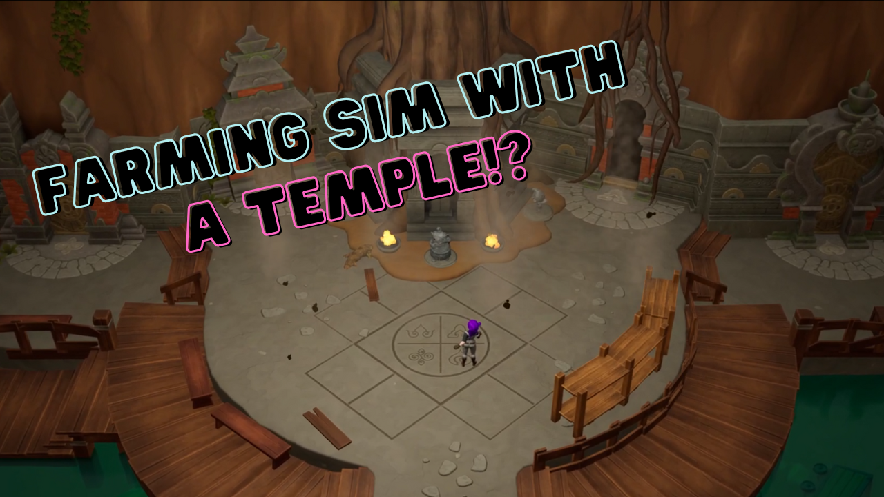 A video game scene set in a temple with a character standing in the center, surrounded by wooden benches, stone carvings, and flames, with large colorful text overlay stating 'Farming Sim with a Temple!?'