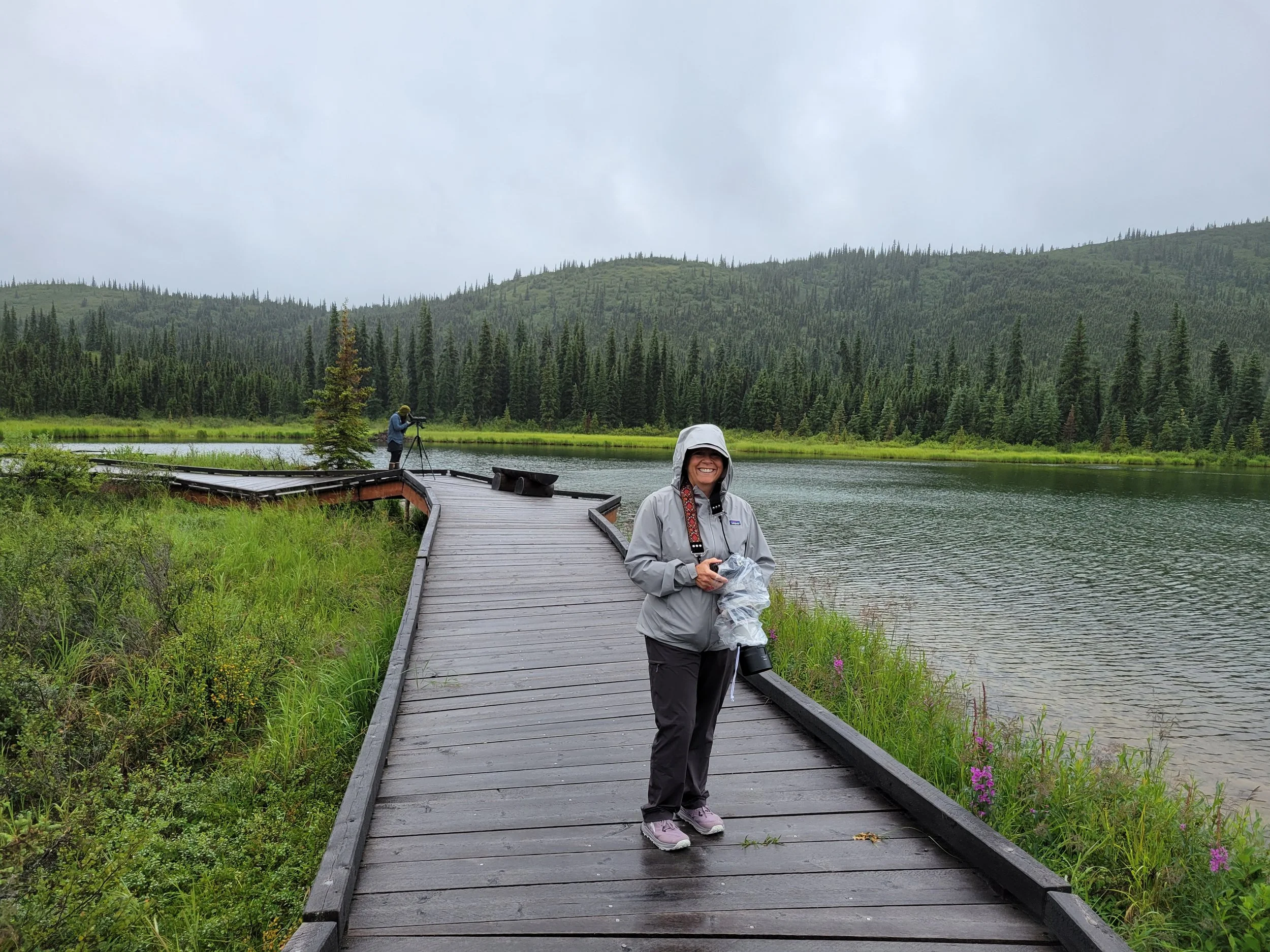 Photographer standing on a wooden boardwalk near Camp Denali in rainy weather, holding a camera with rain protection.