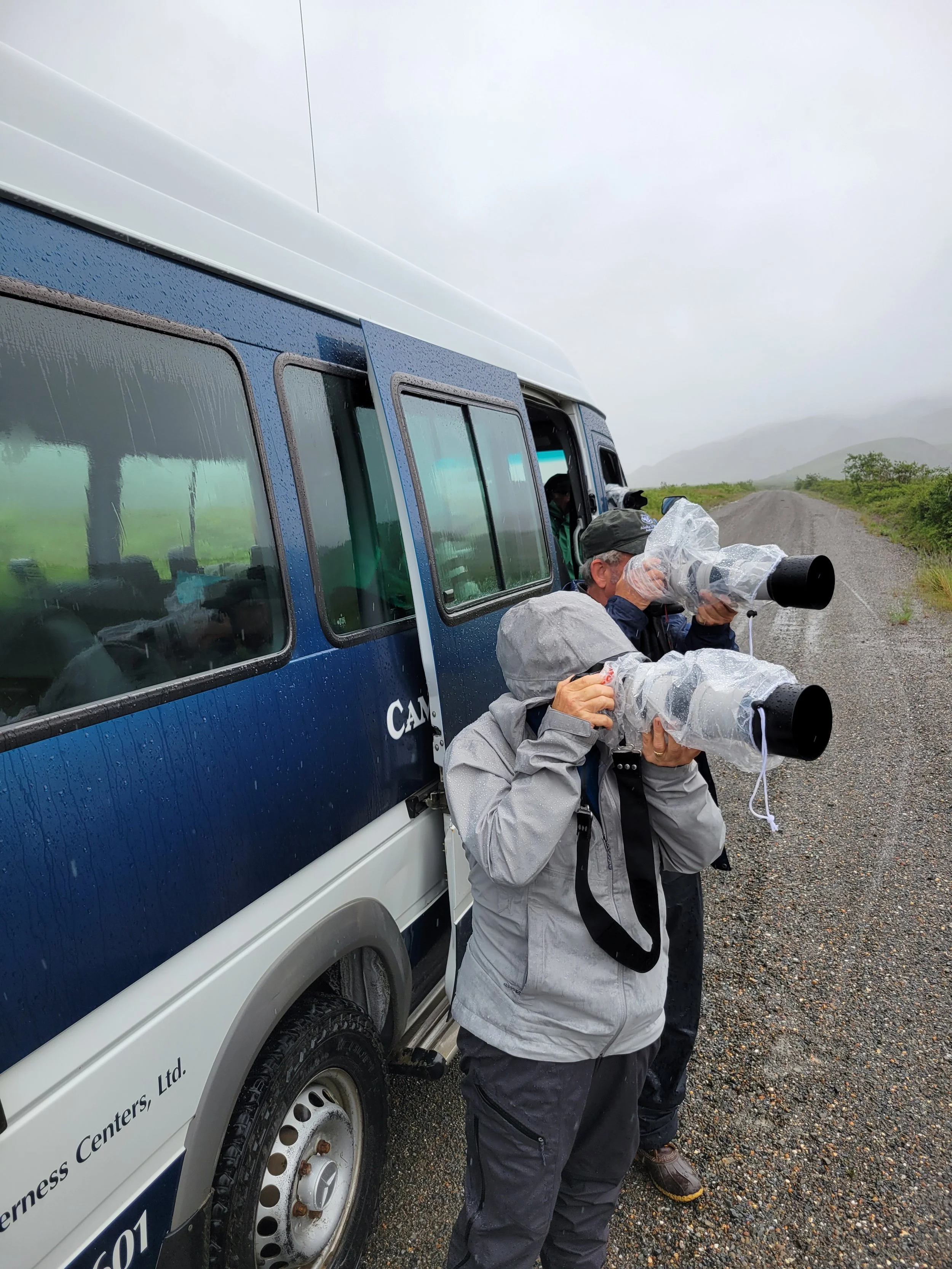 Photographers standing beside a Camp Denali van in the rain with cameras protected by plastic covers while photographing wildlife.