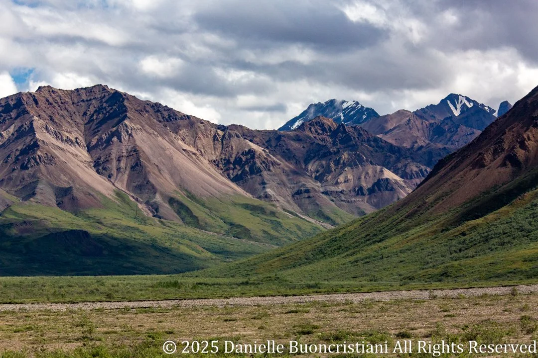 Mountain landscape in Denali National Park, Alaska, under dramatic clouds.