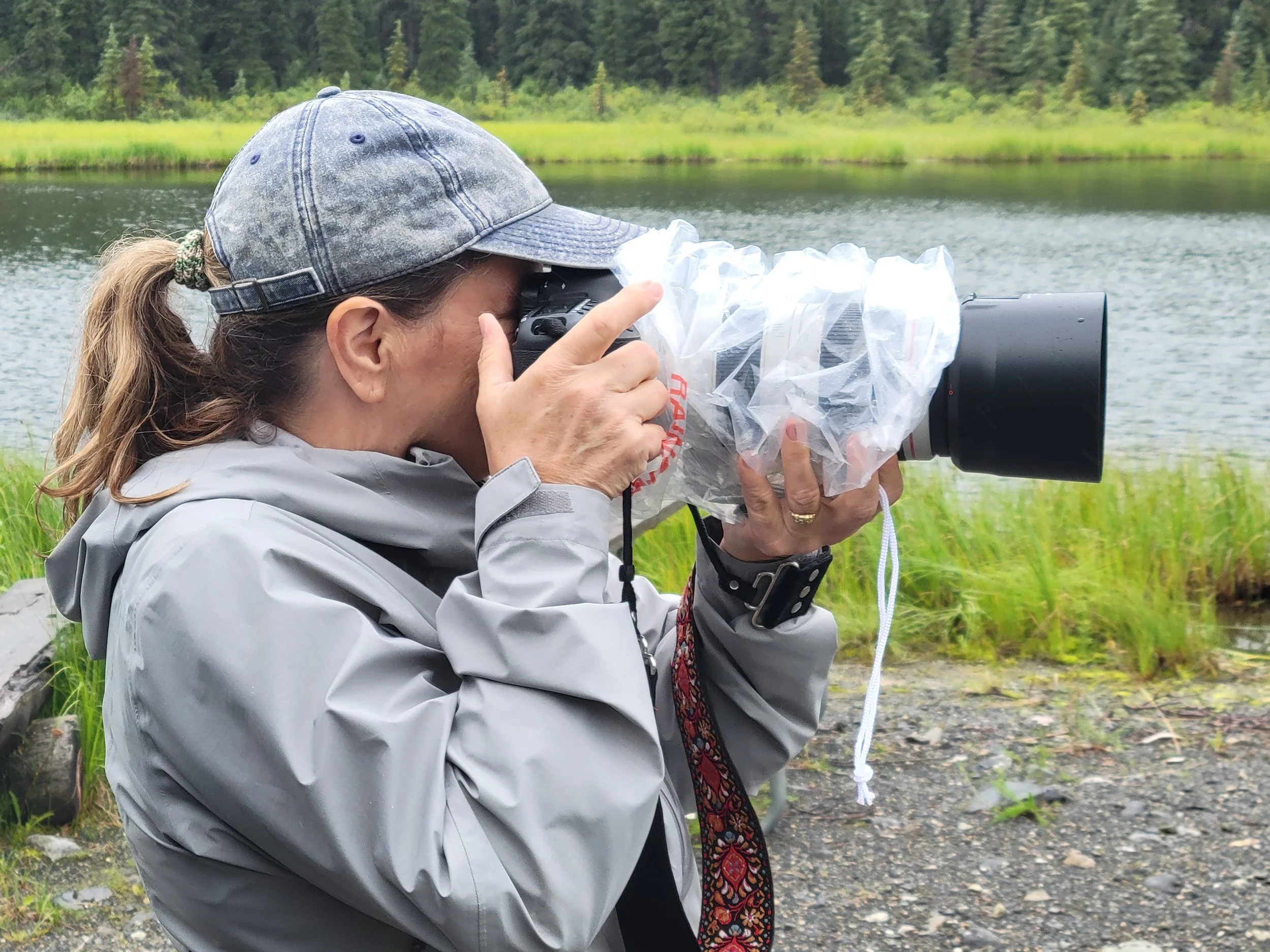 Wildlife photographer in a rain jacket using a telephoto lens with a protective cover near a lake in Alaska