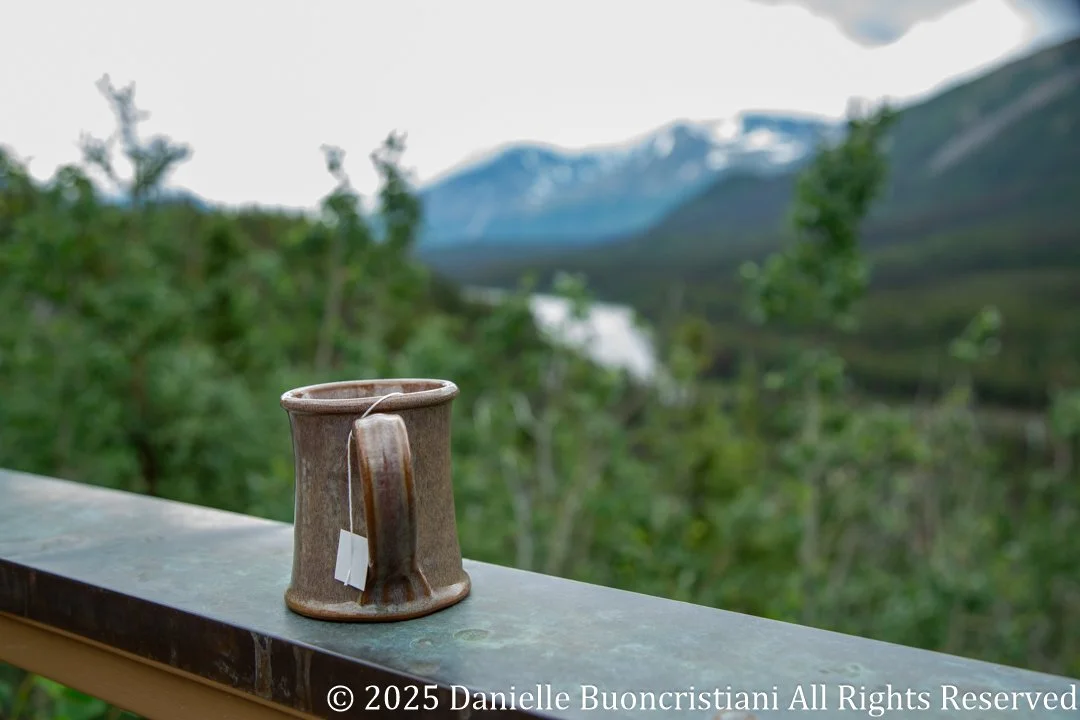 A ceramic mug of tea resting on a deck railing, with forested hills and distant mountains visible before flying into Denali National Park, Alaska.