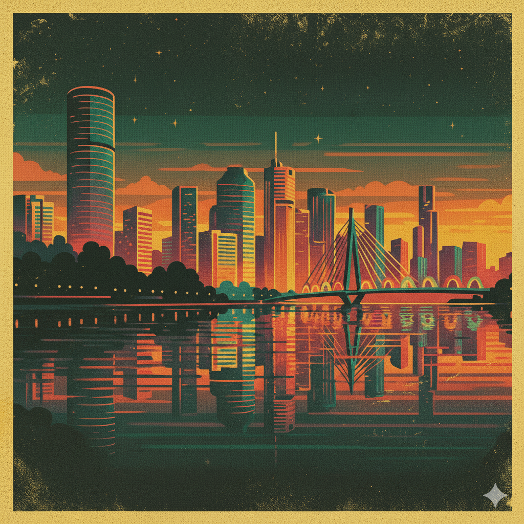 Digital illustration of the Brisbane city skyline at sunrise with tall buildings, a bridge, and reflection in the water. Retro-futuristic, retro, neon, where are we at with, podcast, river, mangroves, William Street,