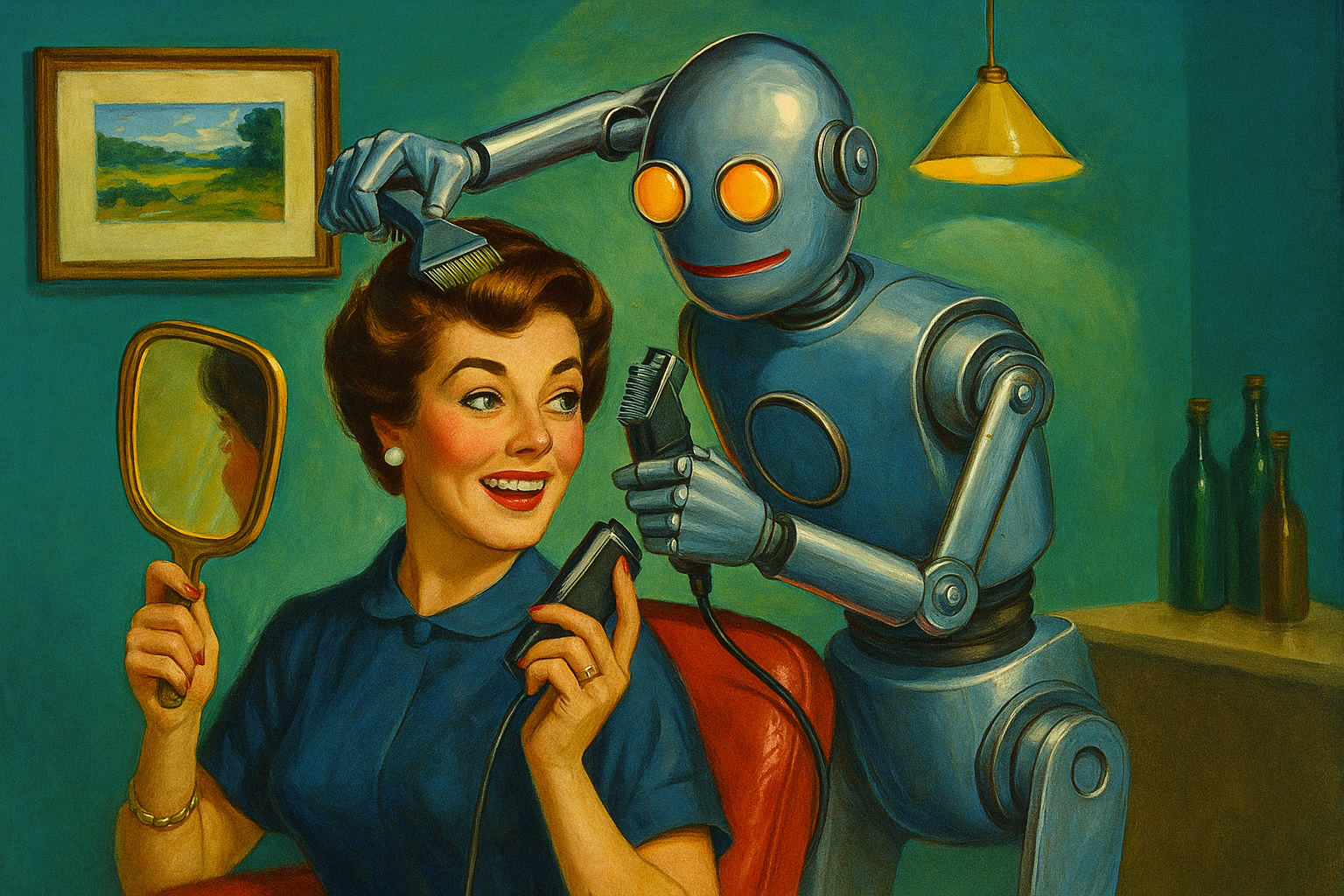 Woman getting hair cut by robot, wawawpod, where are we at with, technology , future, futurism, retrofuturism, design, research, android, AI, artificial intelligence, domestic, wawaw, David Curnow