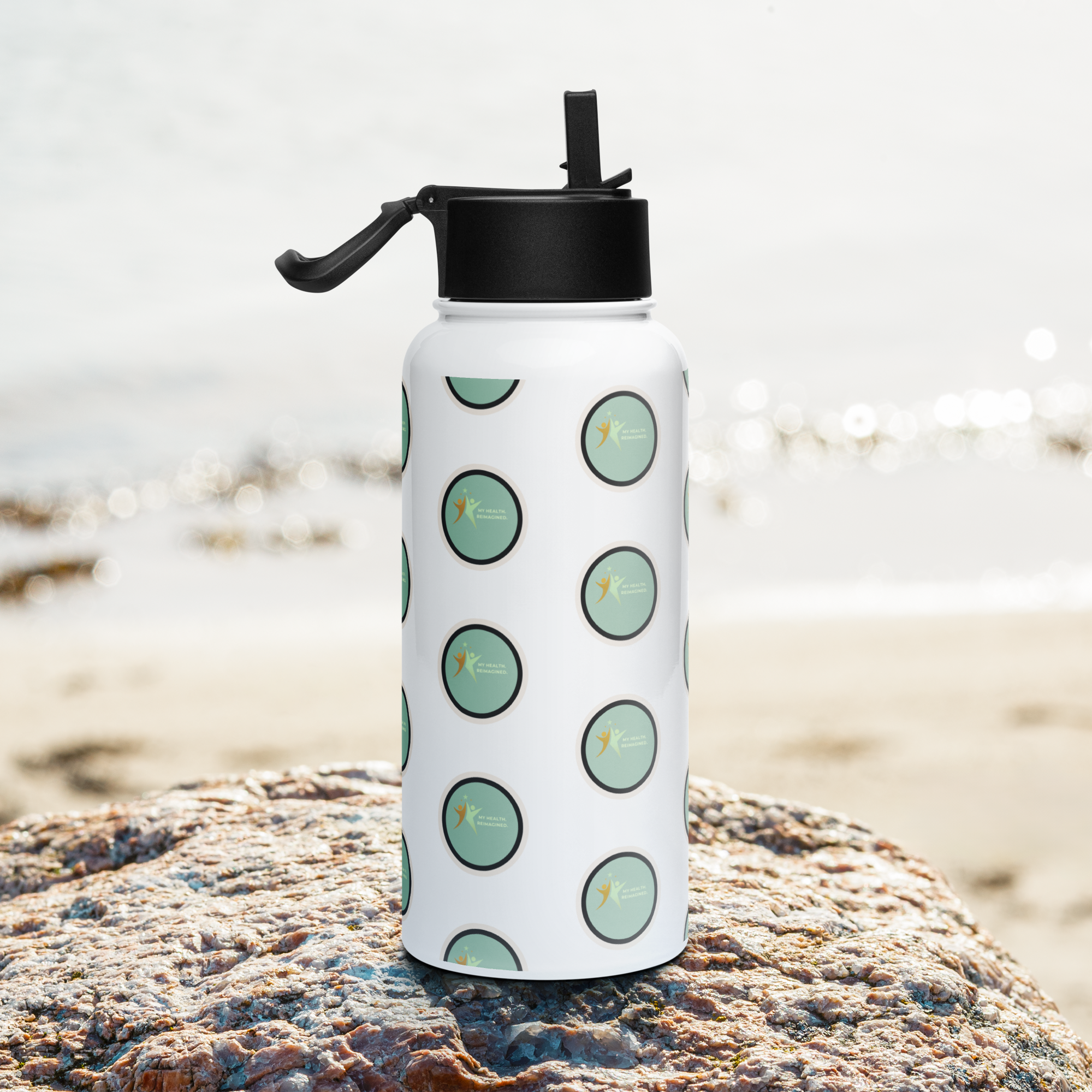 Stainless steel water bottle with a straw lid, multi green logo