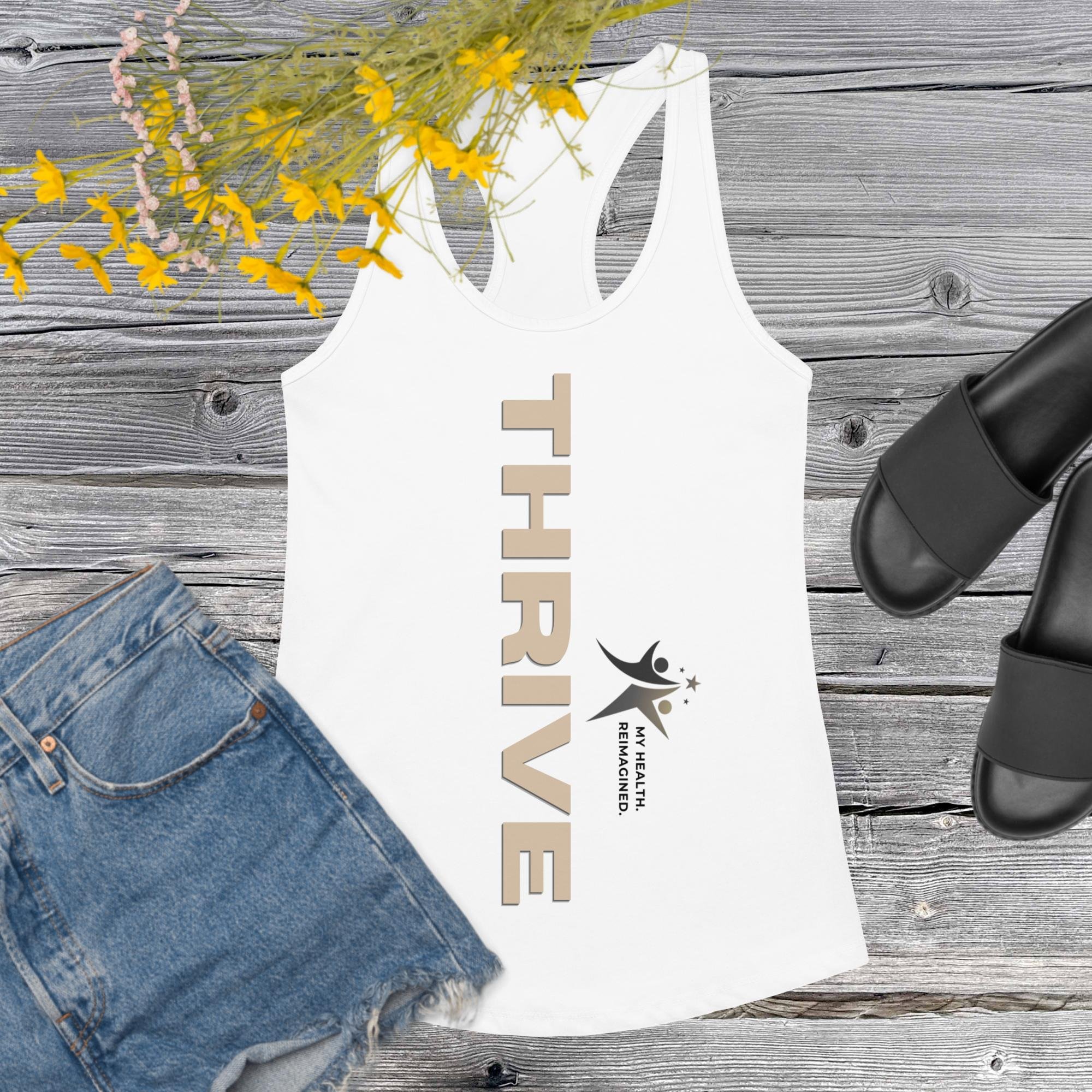 Women’s fitted racerback tank top (white), THRIVE