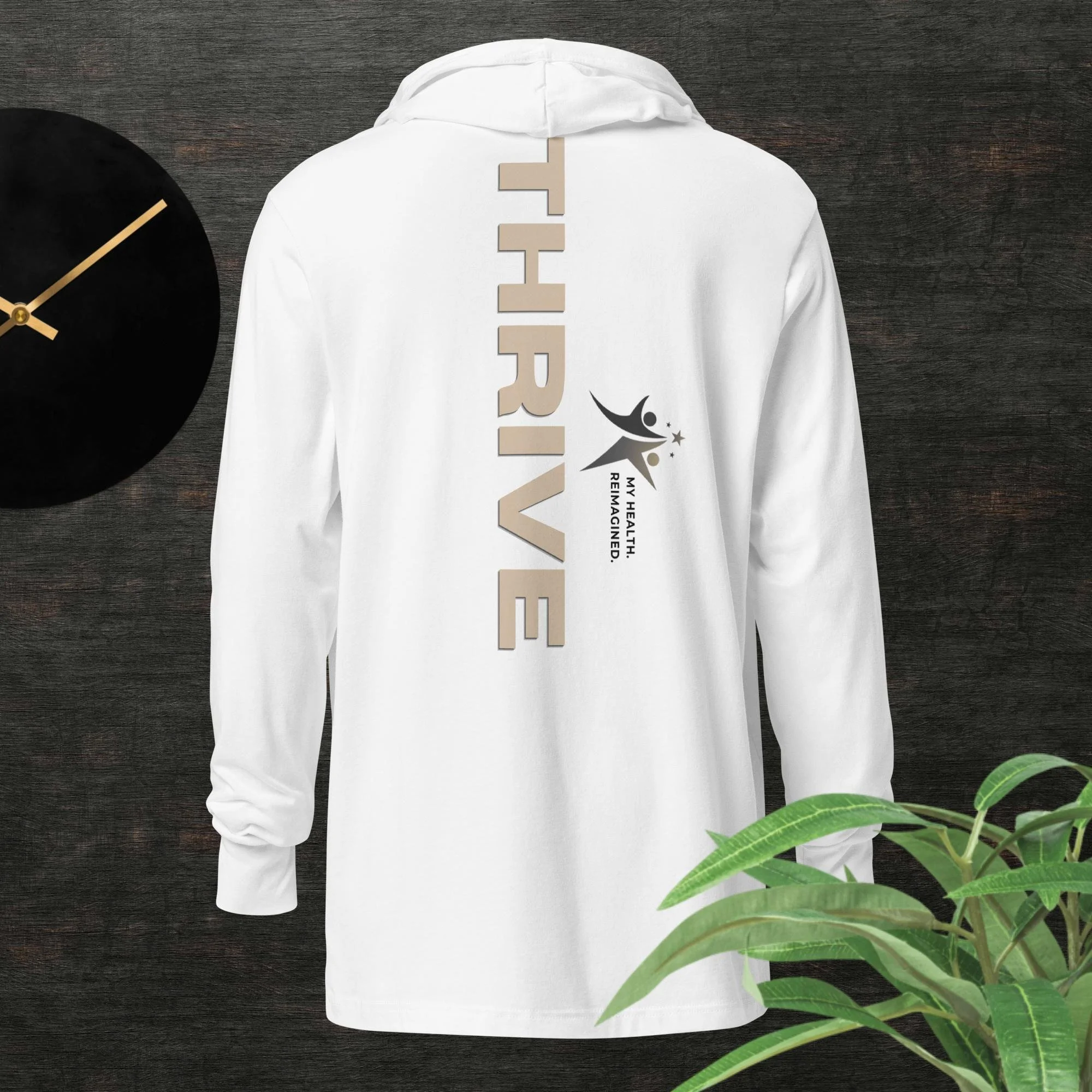 Hooded long-sleeve tee (white), THRIVE