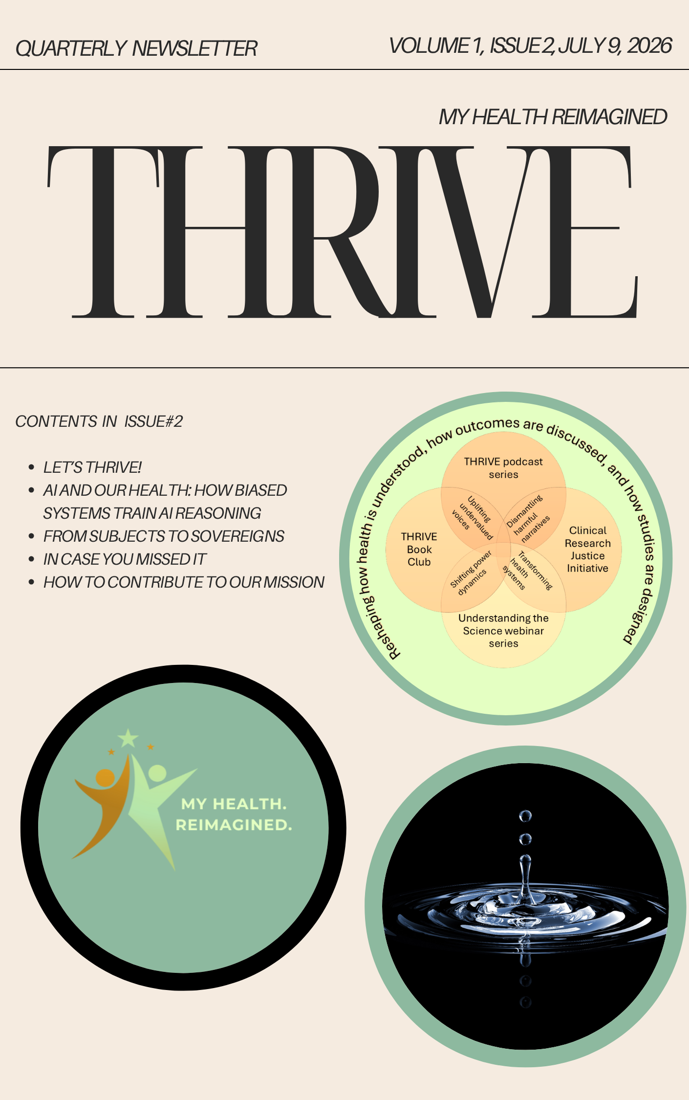Quarterly newsletter cover page titled "My Health Reimagined" with the main headline "THRIVE" in large font, and a circular diagram showing topics discussed and studied, such as podcasts, book club, webinars, research, justice, and health systems.