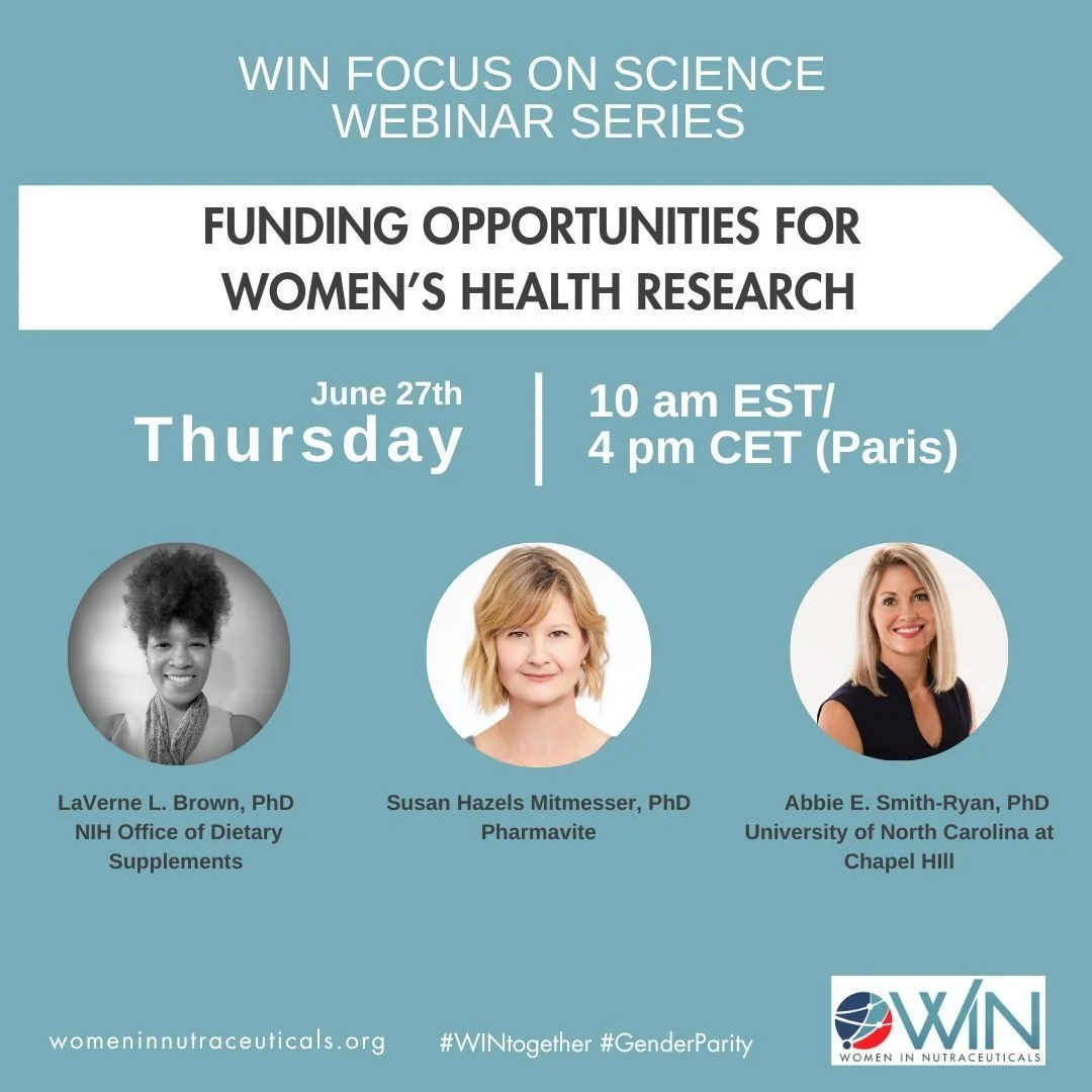 An informational flyer for a Women in Nutraceuticals webinar series titled 'Funding Opportunities for Women’s Health Research,' scheduled for Thursday, June 27th, at 10 am EST / 4 pm CET, featuring speakers LaVerne L. Brown, Susan Hazels Mitmesser, a