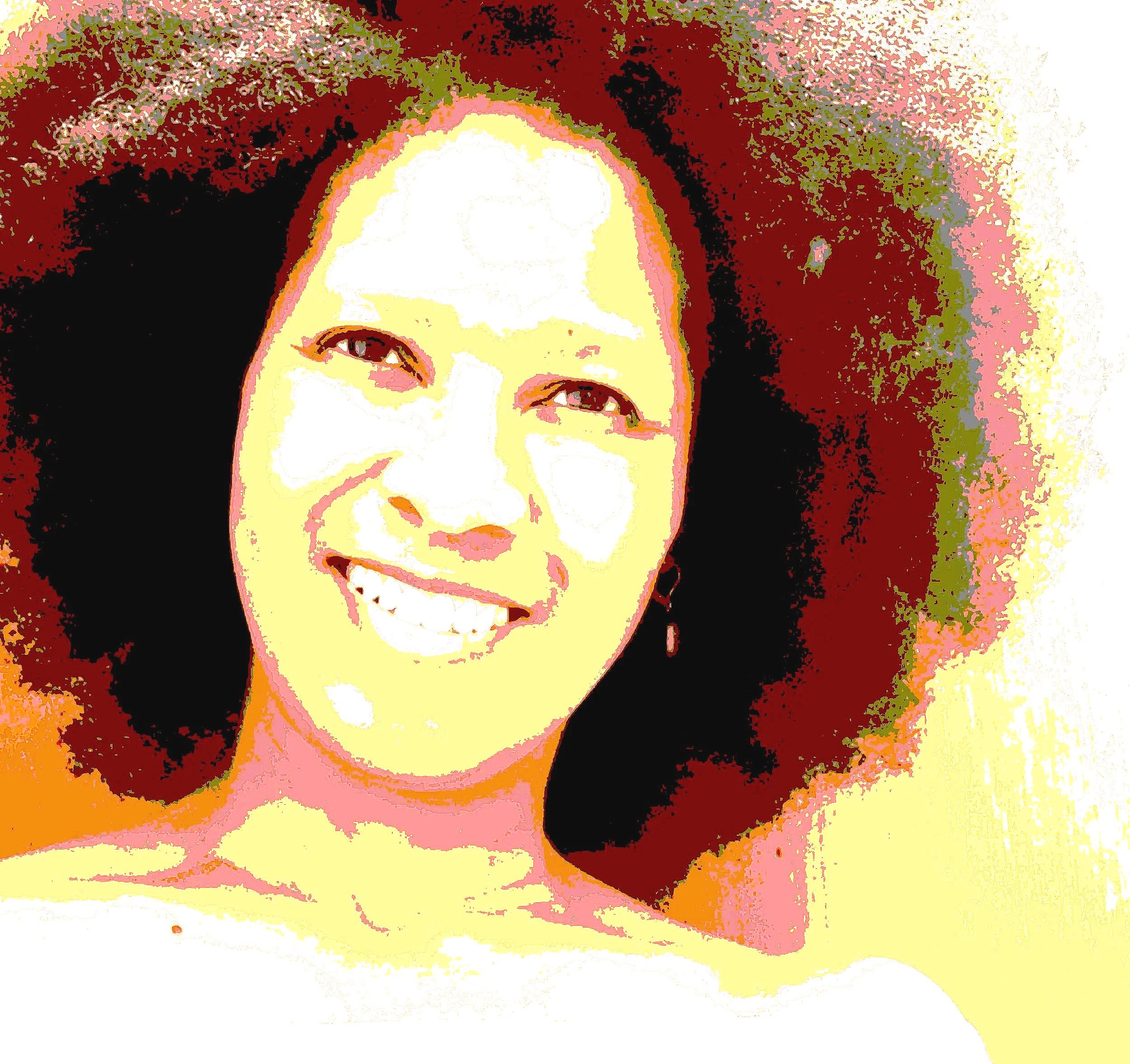Stylized portrait of a smiling woman with curly hair, wearing earrings.