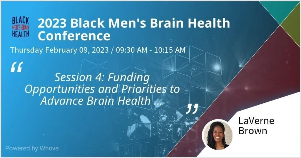 Event poster for the 2023 Black Men's Brain Health Conference on February 9, 2023, from 9:30 to 10:15 AM, featuring a session on funding opportunities. The poster displays a blue background with geometric patterns, includes the event title, date, tim