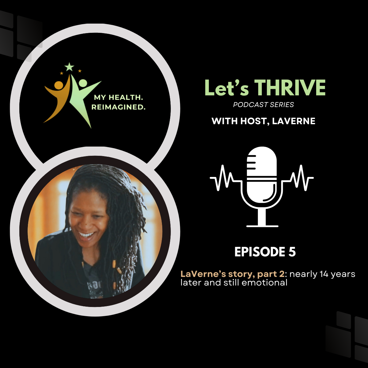 Promotional graphic for the 'Let's THRIVE' podcast series hosted by Laverne, featuring the episode 5 titled 'LaVerne’s story, part 2: nearly 14 years later and still emotional.' The design includes the series logo with stylized human figures, a photo of Laverne smiling, a microphone icon with sound waves, and episode information on a black background.