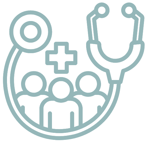 Medical icon featuring a stethoscope, a cross, and three people representing healthcare or medical services.