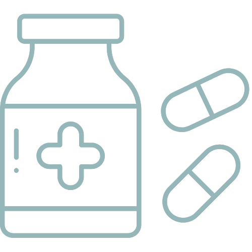 Outline of a medicine bottle with a medical cross on it and two capsules beside it.