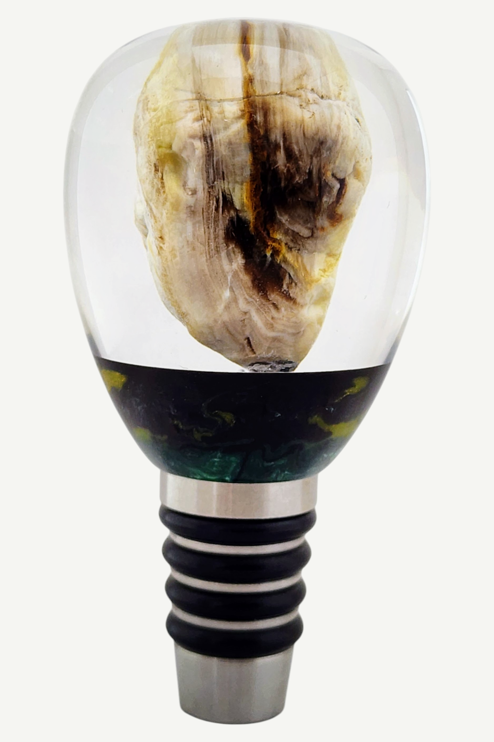 Bottle Stopper with Petrified Wood Encased in Resin