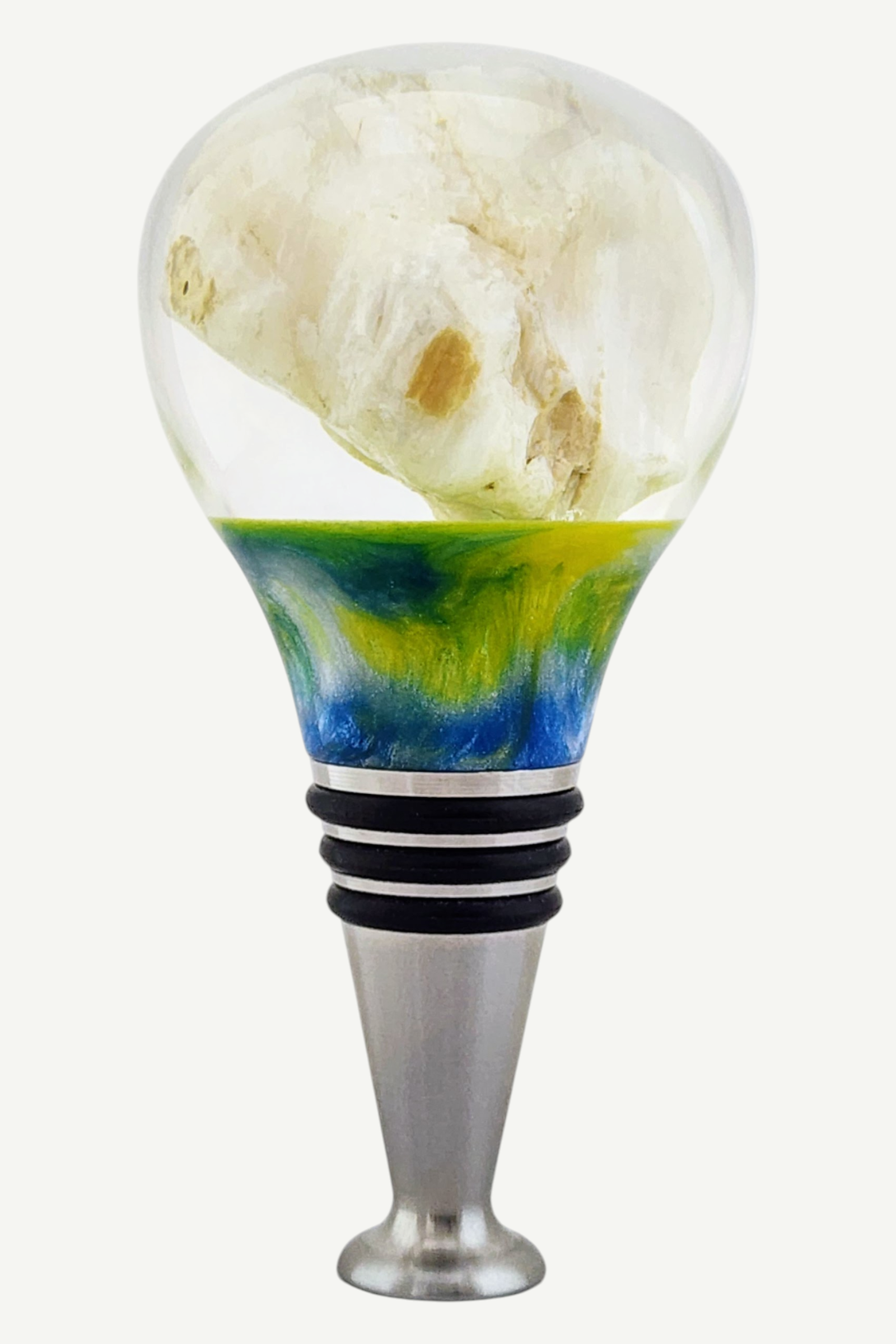 Bottle Stopper with Petrified Wood Encased in Resin